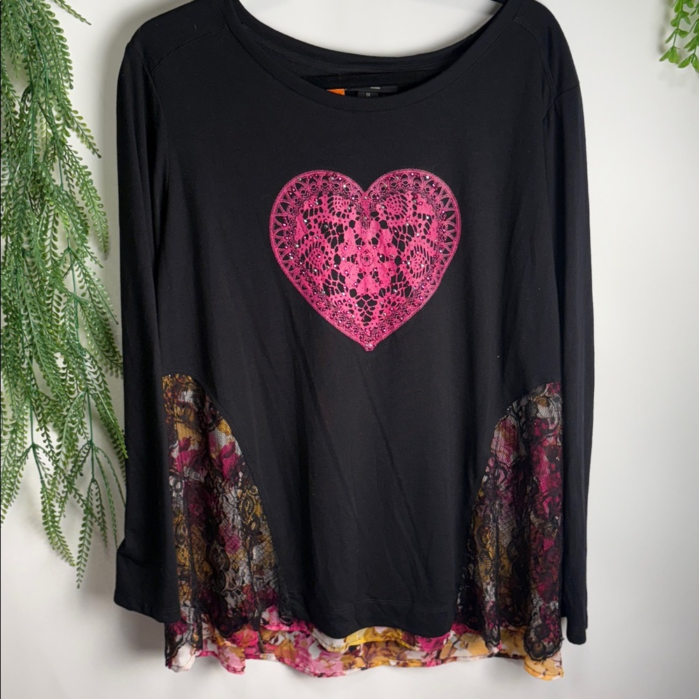 Black Long Sleeve Top with Pink Heart Design
